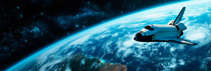 Space shuttle orbiting Earth. Human spaceflight and aerospace technology concept. Earth observation and exploration mission. Design for banner, poster, header with copy space - obrazy, fototapety, plakaty