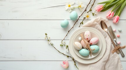 Festive Easter table setting with eggs on white wooden background, flat lay. Space for text - obrazy, fototapety, plakaty