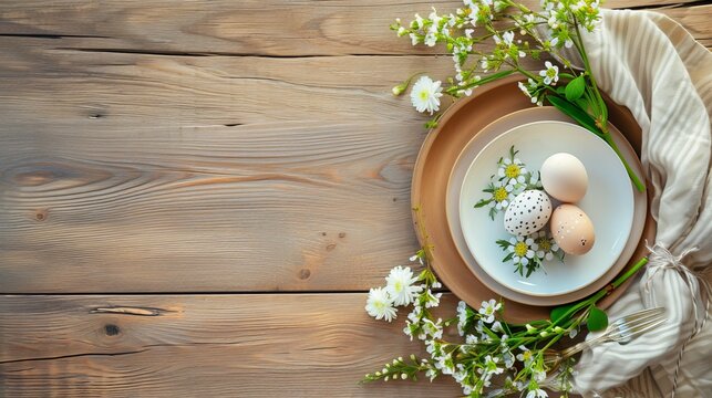 Festive Easter table setting with eggs and flowers on light wooden background, flat lay. Space for text 