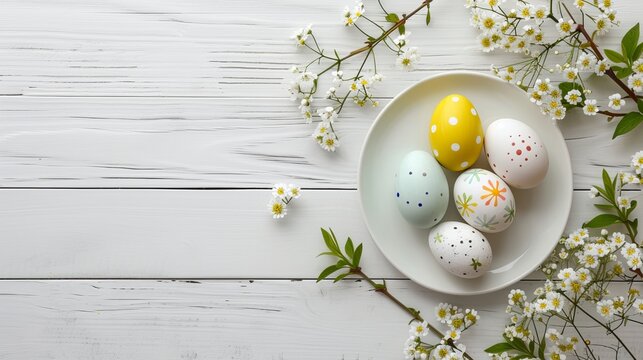 Festive Easter table setting with eggs and flowers on light wooden background, flat lay. Space for text 