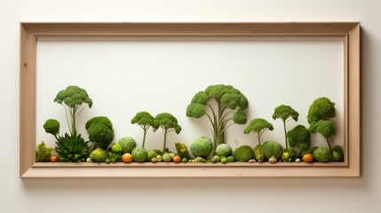  a picture of broccoli, cauliflower, and other veggies on display in a wooden frame.