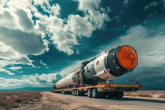 Rocket being transported on a trailer through the desert. Space exploration and technology concept. Design for banner, poster, wallpaper. Pre-launch spacecraft transport