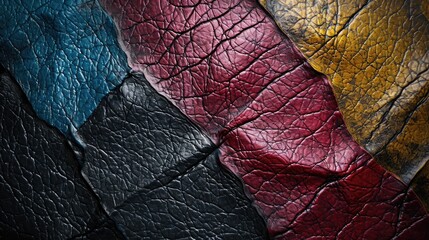 Background with colourful leather texture patches. Different sample pieces of natural or synthetic leather banner for fashion, footwear, furniture, accessories - obrazy, fototapety, plakaty