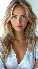 The studio shot a beautiful blonde with blue eyes against a white background. AI created.

