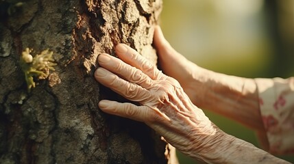 Old Woman Embracing an Old Tree Generative AI