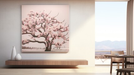  a painting of a pink tree on a white wall in a dining room with a wooden table and two vases.