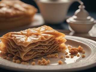 Traditional Arabic dessert Baklava with honey. Delicious Golden Baklava. 