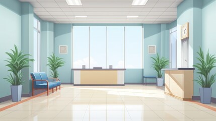 Empty waiting room in lobby with reception desk in medical facility - obrazy, fototapety, plakaty