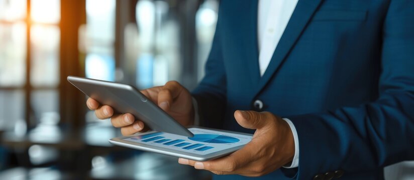 Businessman holding a tablet reviewing business data financial report. Generate AI image