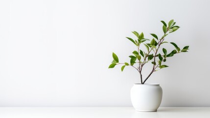  a white vase with a green plant in it on a white table with a white wall behind it and a white wall behind it.