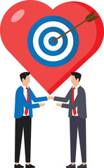 Achieving goal of relationship and Success in love, happy couple man hold hands on dating and arrow hits target heart form, Romantic partnership concept
