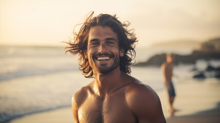 Smiling Surfer Enjoying Early Morning Surf on Seaside Generative AI