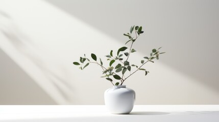  a white vase with a green plant in it on a white table with a shadow of a wall behind it.