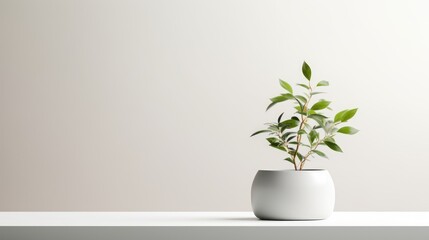  a potted plant in a white vase on a white table with a white wall behind it and a white wall behind it.