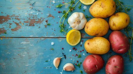 Starchy yellow and red potatoes with fresh thyme, garlic and lemon on a blue wooden background, flat lay 