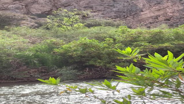 River in Valle Des&eacute;rtico, sunny day, sky with clouds, Jachal and Huaco in San Juan, Argentina, orientation as horizontal