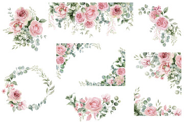 Watercolor floral illustration. Pink flowers and eucalyptus greenery bouquet. Dusty roses, soft light blush peony - border, wreath, frame. Perfect wedding stationary, greetings, fashion, background