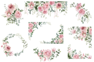 Gordijnen Geschilderde Bloemen Watercolor floral illustration. Pink flowers and eucalyptus greenery bouquet. Dusty roses, soft light blush peony - border, wreath, frame. Perfect wedding stationary, greetings, fashion, background  © Nataliya Kunitsyna