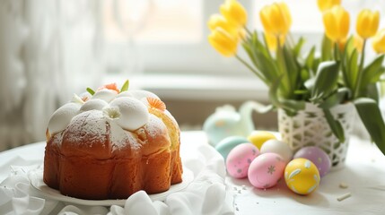 Obraz na płótnie Canvas Traditional easter cake or sweet bread and eggs in white table. Easter treat, holiday symbol