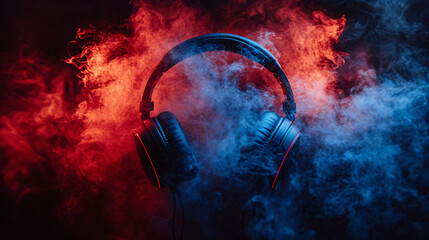 headphones with colored smoke on a dark background. - obrazy, fototapety, plakaty