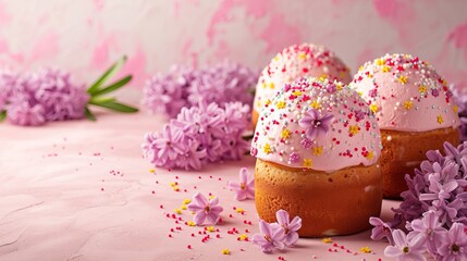 Traditional Easter cakes and Hyacinthus flowers on pink background with copy space for text. Traditional Kulich, Paska Easter Bread. Postcard 