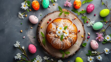 Traditionl Happy Easter kulich cake on wooden board over rustic stone background. Easter curd cake, Easter kulich and colored eggs. Top view  - obrazy, fototapety, plakaty