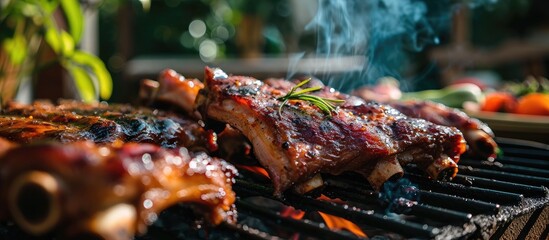 The aroma of the mouthwatering roasted pork ribs filled the air as friends gathered around the barbecue, indulging in the delectable barbecue food. - obrazy, fototapety, plakaty