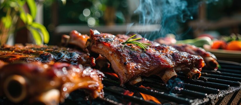 The aroma of the mouthwatering roasted pork ribs filled the air as friends gathered around the barbecue, indulging in the delectable barbecue food.