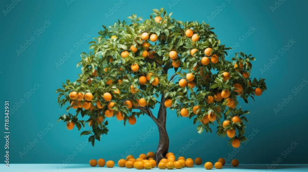 Wall mural a tree filled with lots of oranges sitting on top of a blue floor next to a pile of oranges. - Wall murals