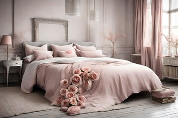 The gentle contrast between the subtle pink and muted tones creates an atmosphere of delicate simplicity and understated beauty of the bedroom