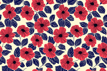 Fototapeta na wymiar Red and blue floral pattern. Seamless pattern background with hand drawn flowers and leaves. For wallpaper, wrapping paper, background, packaging, greeting card, notebook cover, case