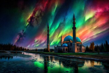 Visualize the crescent moon sharing the night sky with the ethereal glow of the Aurora Borealis over a Mosque - obrazy, fototapety, plakaty