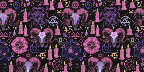 Esoteric occult seamless pattern of magical symbols and animals