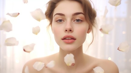 Obraz na płótnie Canvas Luxury Skincare: Beautiful Young Woman Blowing Rose Petals Generative AI