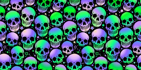 Holographic bright skulls on a black background. Seamless pattern