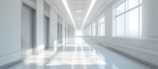 Empty white hallway in the hospital bright corridor with rooms and windows. Generated AI image