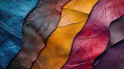 Background with colourful leather texture patches. Different sample pieces of natural or synthetic leather banner for fashion, footwear, furniture, accessories