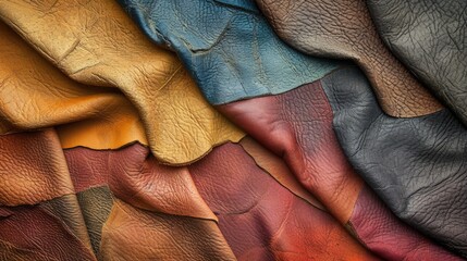 Background with colourful leather texture patches. Different sample pieces of natural or synthetic leather banner for fashion, footwear, furniture, accessories - obrazy, fototapety, plakaty