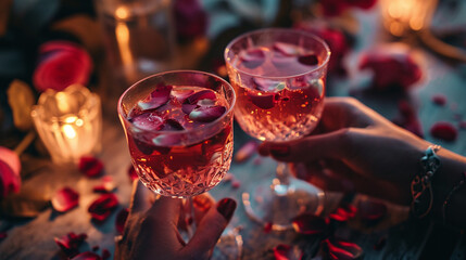 Two glasses with drinks, wine, cocktails, champagne, valentine, romantic, celebration, cheers, 