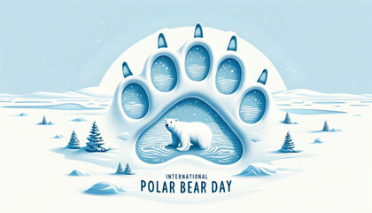 Stylized paw print and a polar bear in a serene Arctic landscape. Celebrating International Polar Bear Day. World Wildlife Day.Melting Glacier.Climate change concept and rising sea levels.