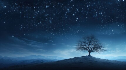  a lone tree sitting on top of a hill under a night sky filled with stars and a star filled sky.