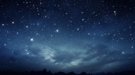  the night sky is full of stars and the trees are silhouetted against a dark blue sky with white clouds.