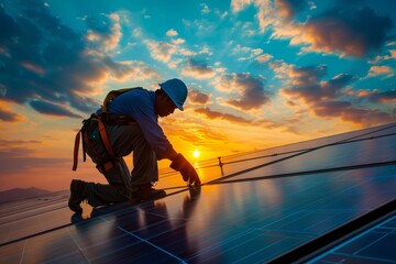 Anonymous male worker in protective gear installs solar panels on a rooftop against a stunning sunset sky, a silhouette in the work of sustainable energy. generative ai