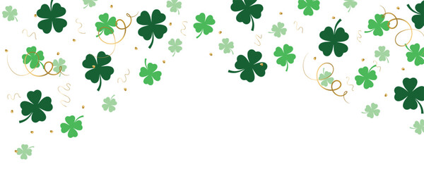 Many clover leaves and confetti on white background with space for text. Banner for St. Patrick's Day