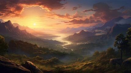  a painting of the sun setting over a mountain range with a valley in the foreground and trees in the foreground.