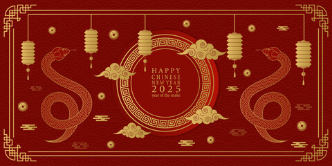 Happy Chinese New Year 2025. Background with snake,clouds and Chinese lanterns. Vector illustration