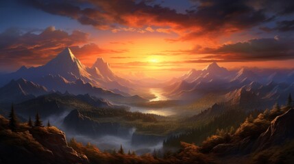  a painting of a sunset over a mountain range with a valley in the foreground and trees in the foreground. - obrazy, fototapety, plakaty