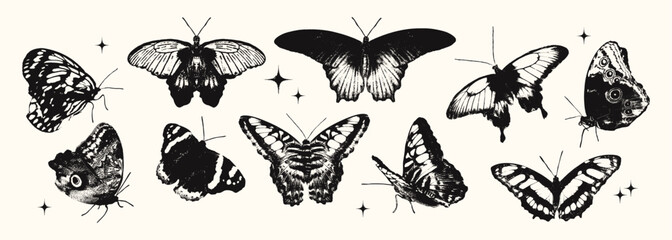Various butterflies photocopy effect spring elements set with grunge stippling grain messy texture. Trendy y2k aesthetic summer vector illustration, Ideal for poster design, t shirt, tee print