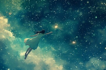 Obraz na płótnie Canvas Lost in cosmic dreams: an Asian girl floats amid deep space, reaching out to a shimmering star. A young cartoon woman adrift in the vastness generative ai