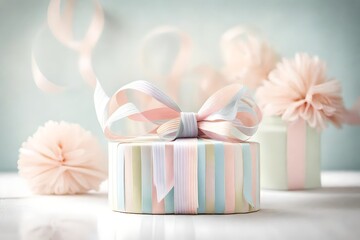 a pastel-striped ribbon elegantly adorned with a bow on gift box